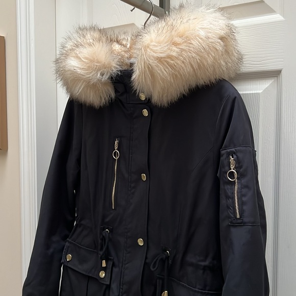 TOPSHOP Faux Fur Parka Navy Jacket - Picture 5 of 11